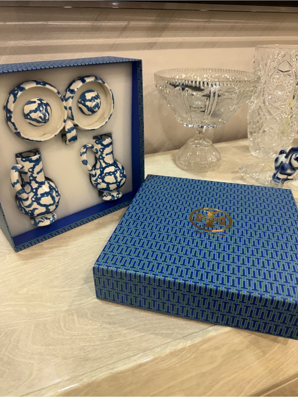 Tory Burch Blue and White Ceramic Mini Pitcher & Dish Gift Set